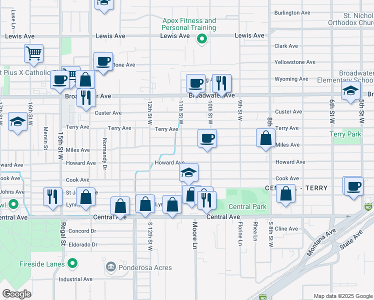 map of restaurants, bars, coffee shops, grocery stores, and more near 1038 Miles Ave in Billings