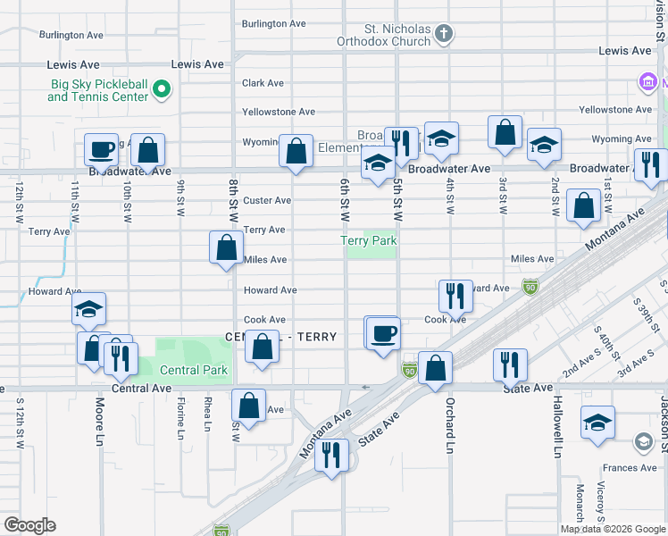 map of restaurants, bars, coffee shops, grocery stores, and more near 604 Miles Avenue in Billings