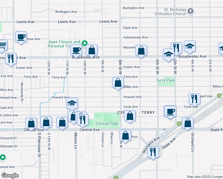 map of restaurants, bars, coffee shops, grocery stores, and more near 828 Miles Avenue in Billings