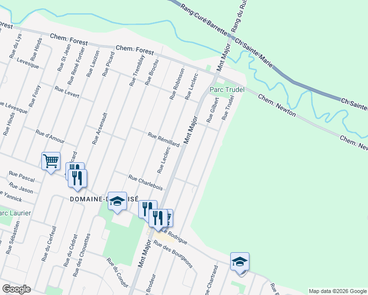 map of restaurants, bars, coffee shops, grocery stores, and more near Montée Major in Terrebonne
