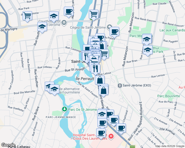 map of restaurants, bars, coffee shops, grocery stores, and more near 206 Rue Labelle in Saint-Jã©Rã´Me