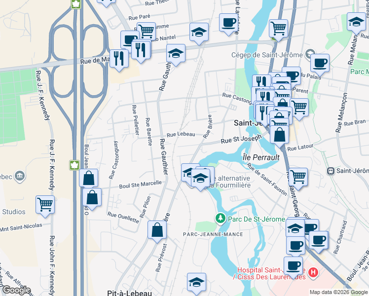 map of restaurants, bars, coffee shops, grocery stores, and more near 249 Rue Saint Joseph in Saint-Jérôme