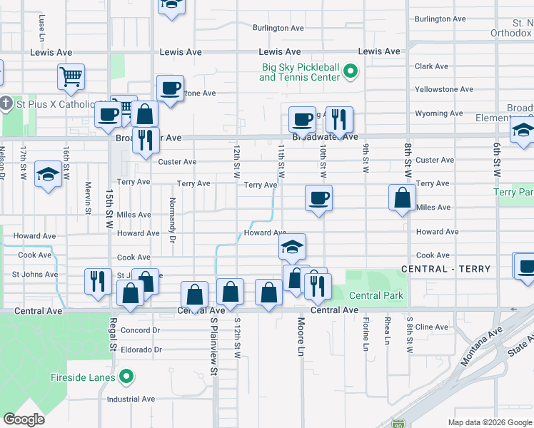 map of restaurants, bars, coffee shops, grocery stores, and more near 1112 Miles Avenue in Billings