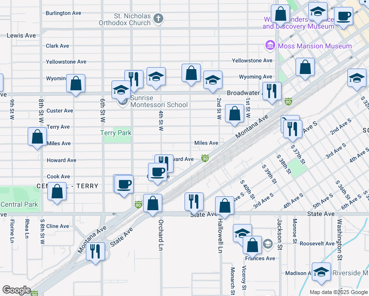 map of restaurants, bars, coffee shops, grocery stores, and more near 314 Miles Avenue in Billings