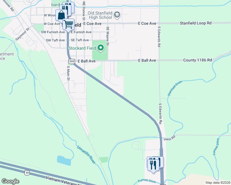 map of restaurants, bars, coffee shops, grocery stores, and more near 1746 Umatilla-Stanfield Highway in Stanfield