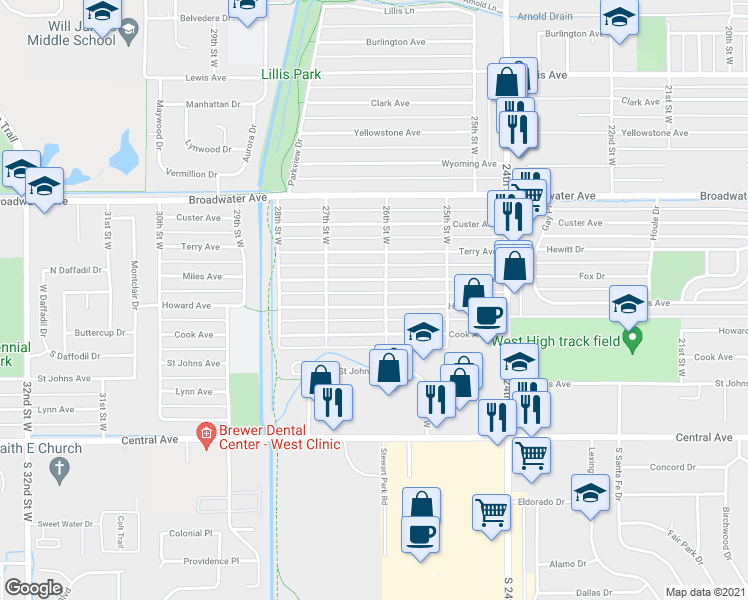 map of restaurants, bars, coffee shops, grocery stores, and more near 2607 Howard Avenue in Billings