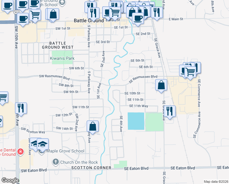 map of restaurants, bars, coffee shops, grocery stores, and more near 303 Southeast 9th Street in Battle Ground