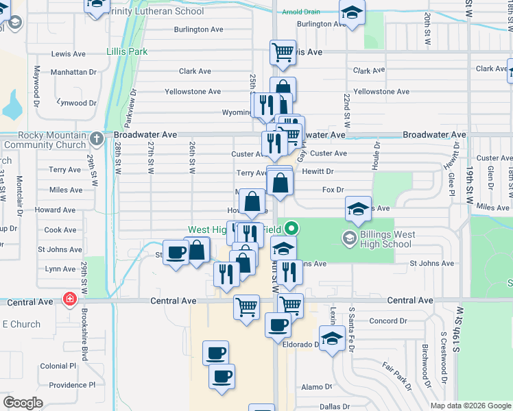 map of restaurants, bars, coffee shops, grocery stores, and more near 2421 Howard Avenue in Billings