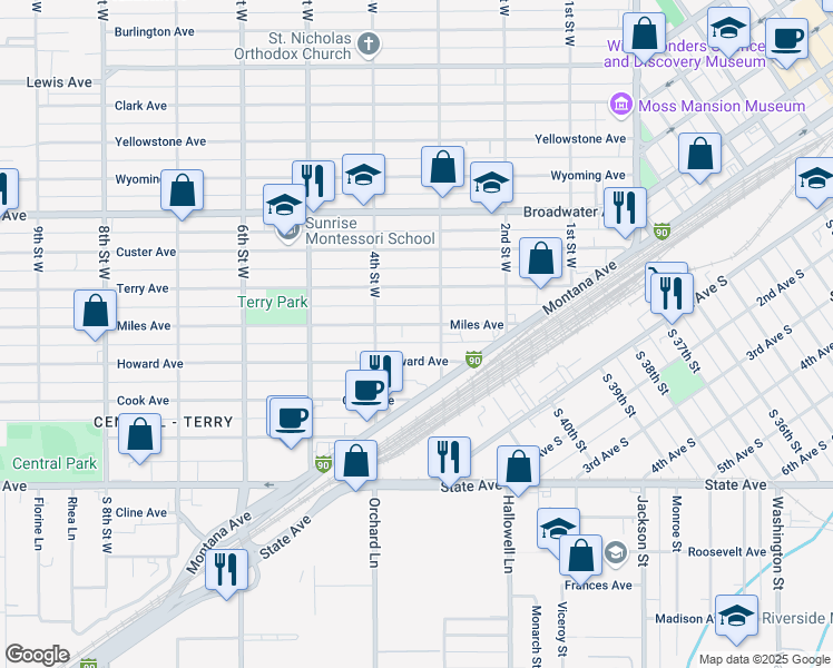 map of restaurants, bars, coffee shops, grocery stores, and more near 314 Miles Avenue in Billings