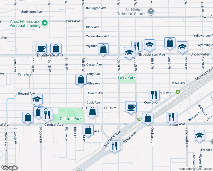 map of restaurants, bars, coffee shops, grocery stores, and more near 638 Miles Avenue in Billings