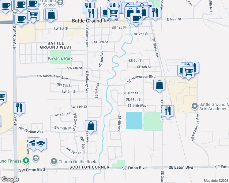 map of restaurants, bars, coffee shops, grocery stores, and more near 313 Southeast 9th Street in Battle Ground
