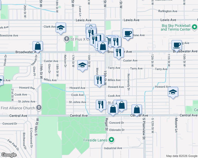 map of restaurants, bars, coffee shops, grocery stores, and more near 1517 Miles Avenue in Billings