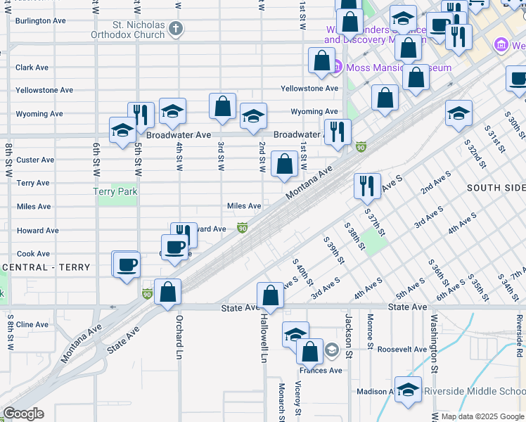 map of restaurants, bars, coffee shops, grocery stores, and more near 334 2nd Street West in Billings