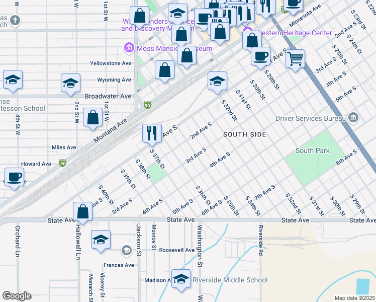 map of restaurants, bars, coffee shops, grocery stores, and more near 208 South 35th Street in Billings