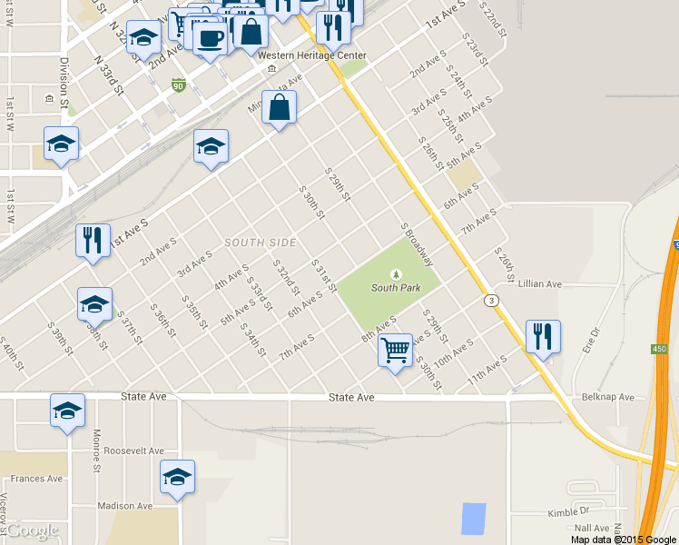 map of restaurants, bars, coffee shops, grocery stores, and more near 3015 6th Ave S in Billings