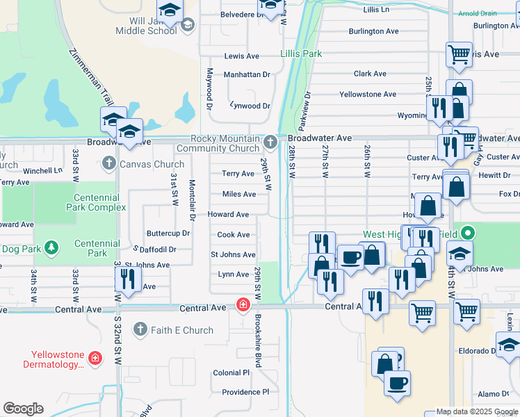 map of restaurants, bars, coffee shops, grocery stores, and more near 2907 Howard Avenue in Billings