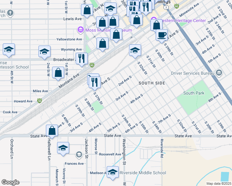 map of restaurants, bars, coffee shops, grocery stores, and more near 208 South 35th Street in Billings
