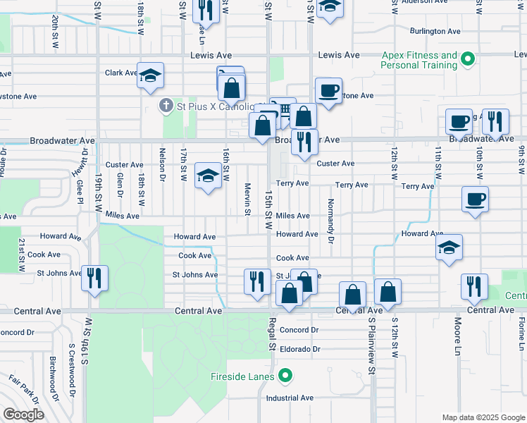 map of restaurants, bars, coffee shops, grocery stores, and more near 1435 Miles Avenue in Billings