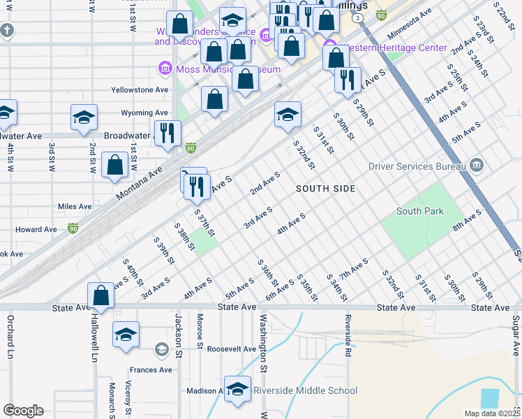 map of restaurants, bars, coffee shops, grocery stores, and more near 215 South 35th Street in Billings