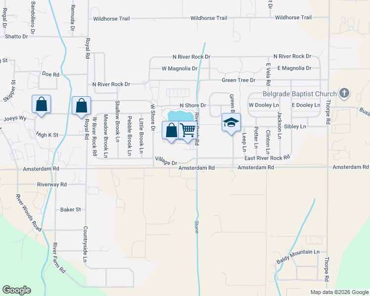 map of restaurants, bars, coffee shops, grocery stores, and more near 129 Village Drive in Belgrade