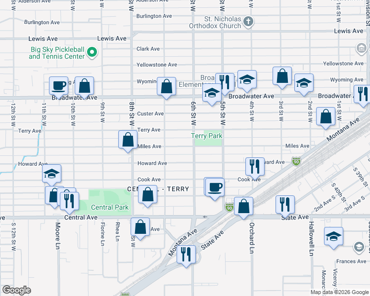 map of restaurants, bars, coffee shops, grocery stores, and more near 612 Miles Avenue in Billings