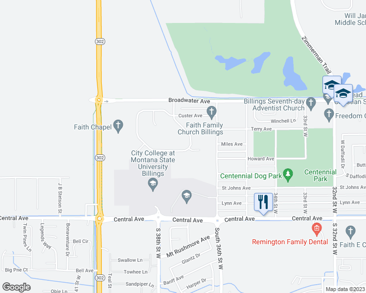 map of restaurants, bars, coffee shops, grocery stores, and more near 3862 Heritage Drive in Billings