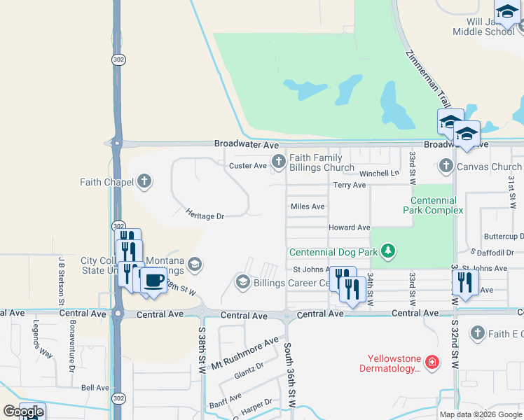 map of restaurants, bars, coffee shops, grocery stores, and more near 3627 Surrey Circle in Billings