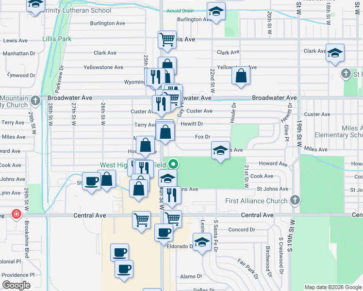 map of restaurants, bars, coffee shops, grocery stores, and more near 2323 Miles Avenue in Billings