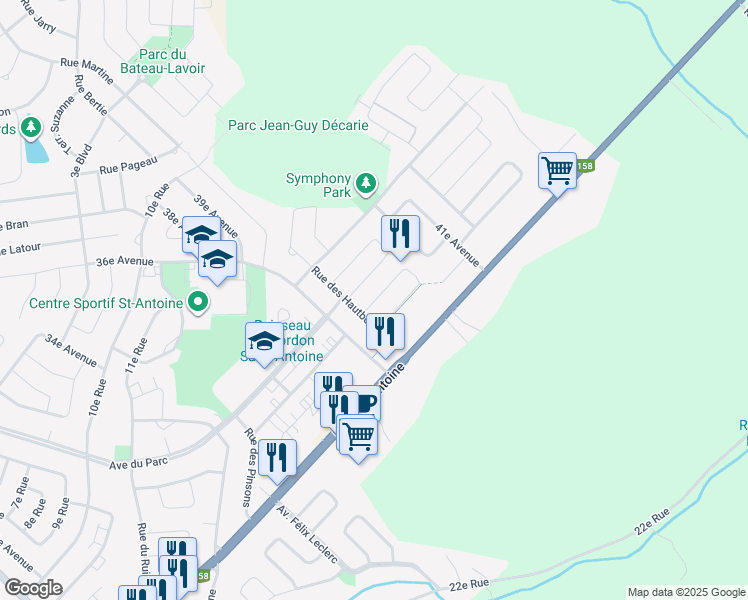 map of restaurants, bars, coffee shops, grocery stores, and more near Rue des Violoncelles in Saint-Jérôme