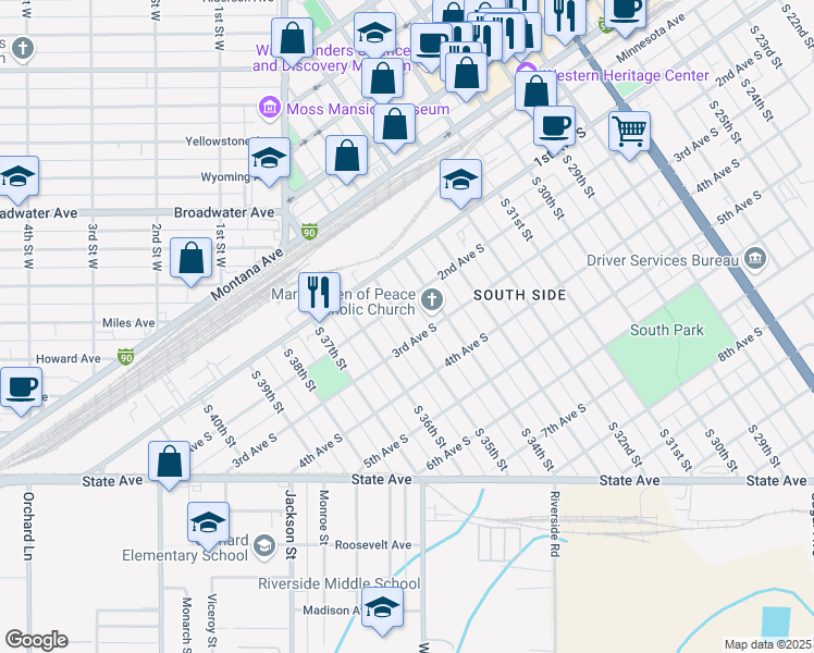 map of restaurants, bars, coffee shops, grocery stores, and more near 209 South 35th Street in Billings