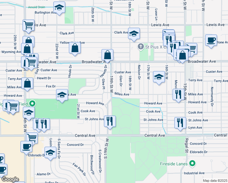 map of restaurants, bars, coffee shops, grocery stores, and more near 1841 Miles Avenue in Billings