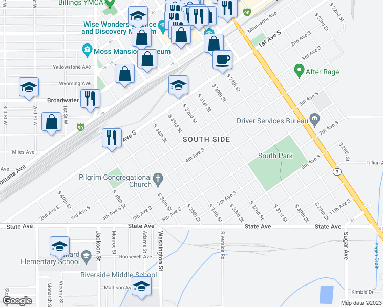 map of restaurants, bars, coffee shops, grocery stores, and more near 324 South 33rd Street in Billings
