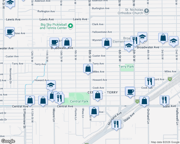 map of restaurants, bars, coffee shops, grocery stores, and more near 800 Miles Avenue in Billings