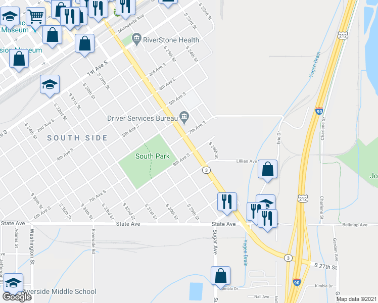 map of restaurants, bars, coffee shops, grocery stores, and more near 724 South 27th Street in Billings
