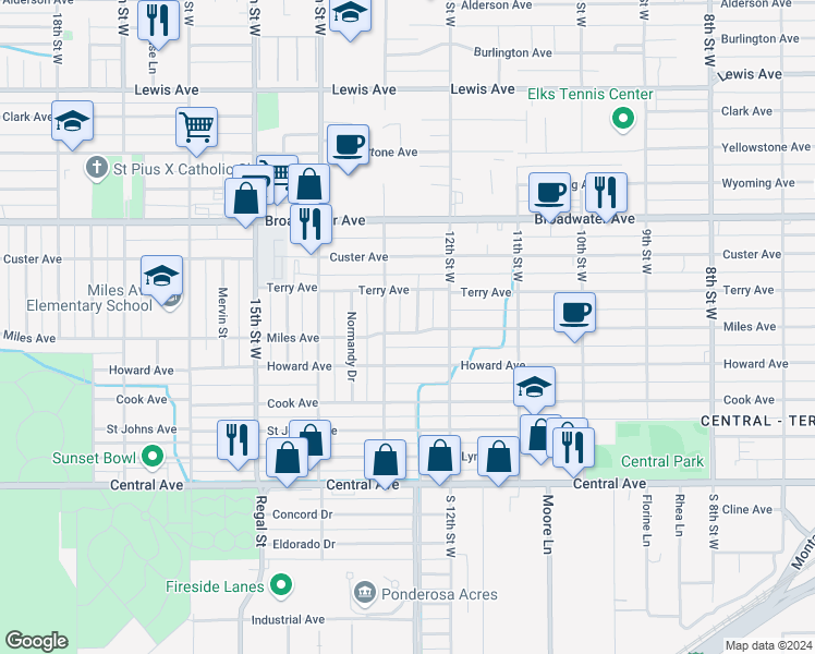 map of restaurants, bars, coffee shops, grocery stores, and more near 1225 Miles Avenue in Billings
