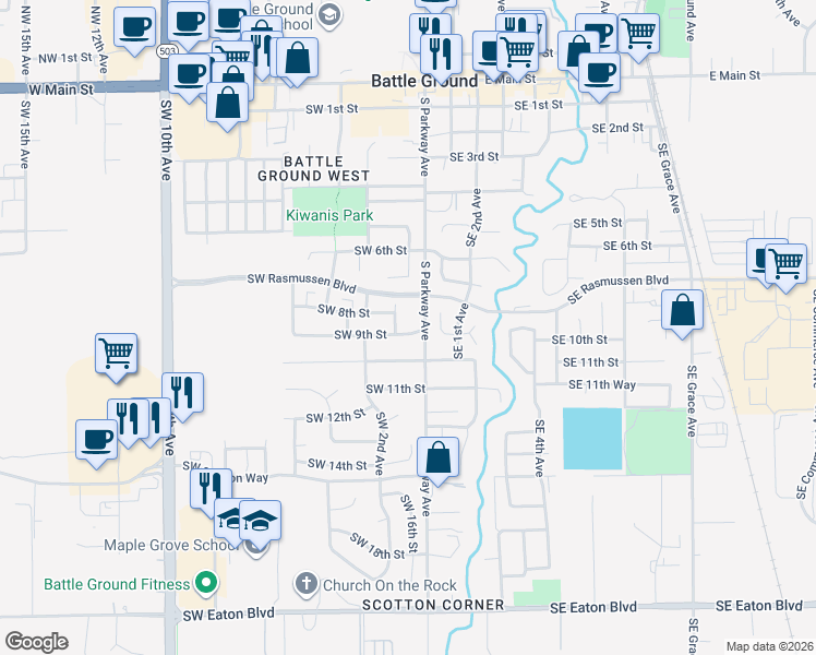 map of restaurants, bars, coffee shops, grocery stores, and more near 16 Southwest 9th Street in Battle Ground