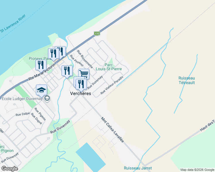 map of restaurants, bars, coffee shops, grocery stores, and more near 681 Rue Viateur-Paradis in Verchères