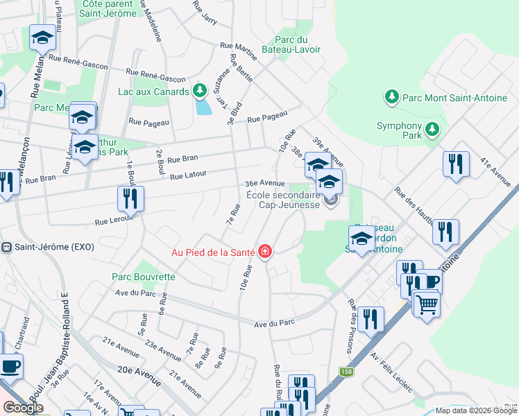 map of restaurants, bars, coffee shops, grocery stores, and more near 1320 8e Rue in Saint-Jérôme