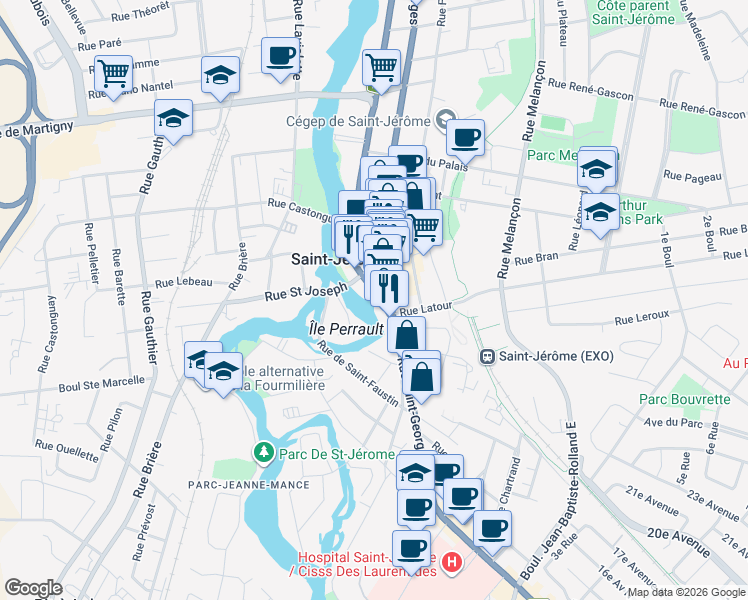 map of restaurants, bars, coffee shops, grocery stores, and more near in Saint-Jérôme