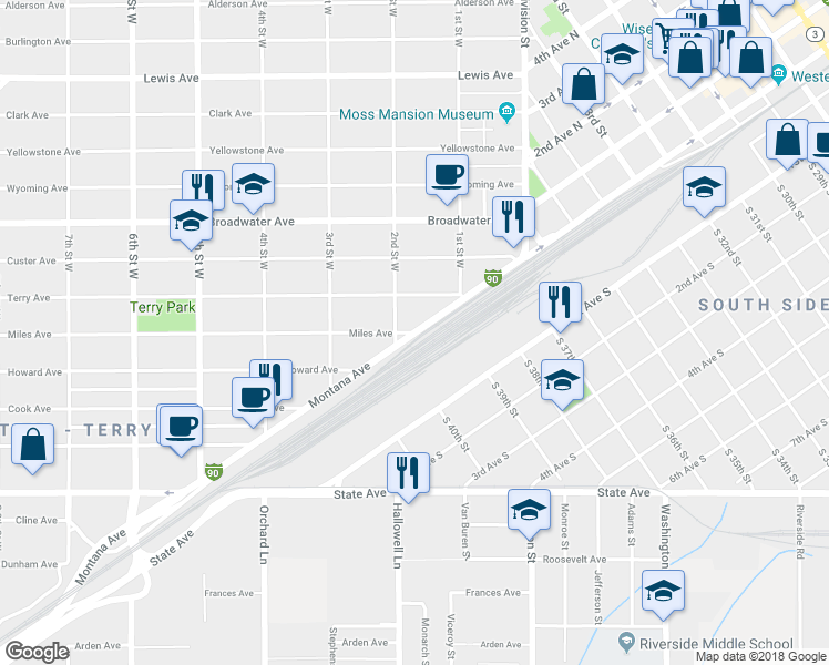 map of restaurants, bars, coffee shops, grocery stores, and more near 2 Miles Avenue in Billings