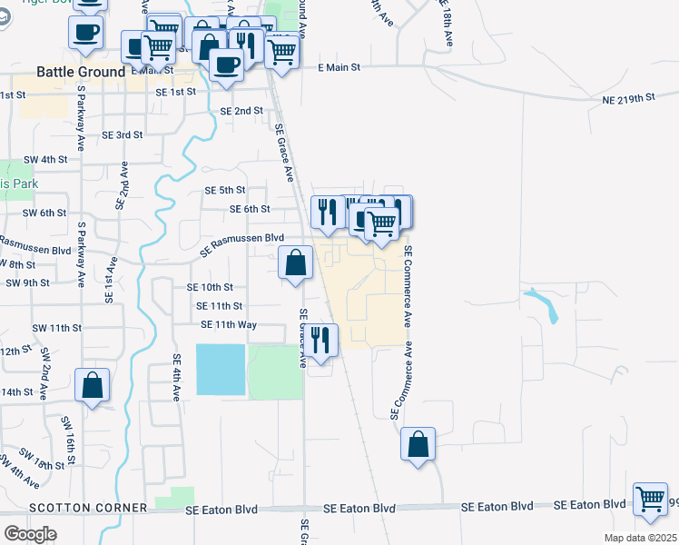 map of restaurants, bars, coffee shops, grocery stores, and more near 1307 Southeast 9th Drive in Battle Ground