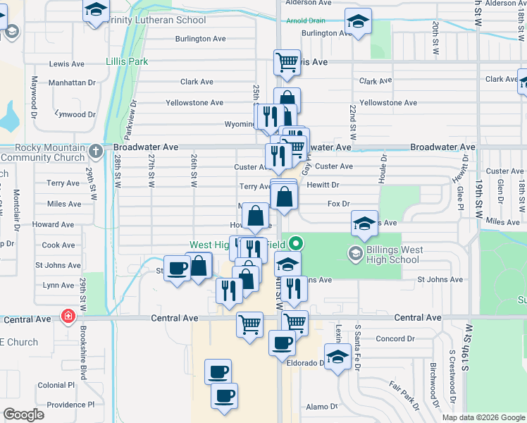 map of restaurants, bars, coffee shops, grocery stores, and more near 2421 Howard Avenue in Billings