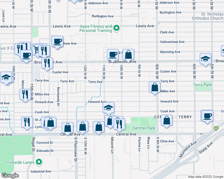 map of restaurants, bars, coffee shops, grocery stores, and more near 1038 Miles Avenue in Billings