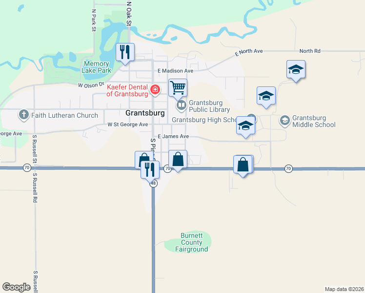 map of restaurants, bars, coffee shops, grocery stores, and more near 622 South Robert Street in Grantsburg