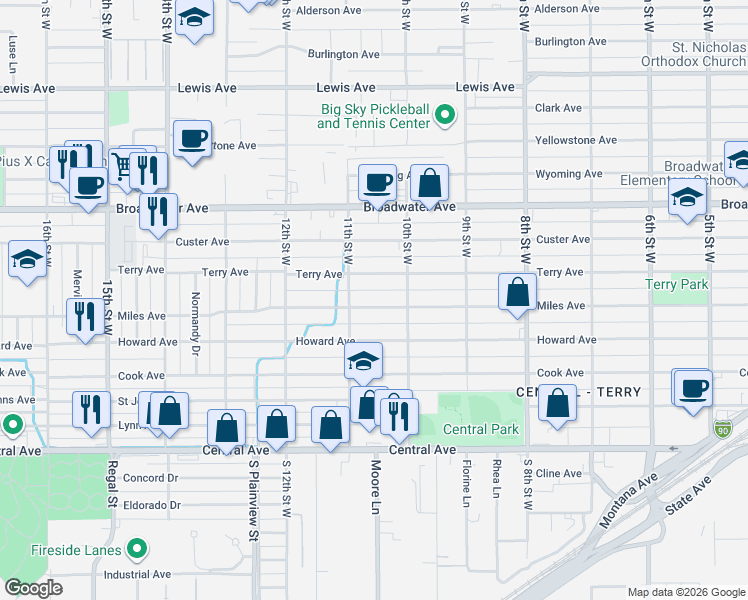 map of restaurants, bars, coffee shops, grocery stores, and more near 1038 Miles Avenue in Billings