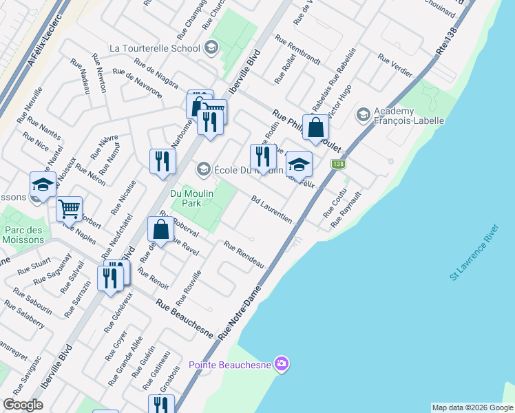 map of restaurants, bars, coffee shops, grocery stores, and more near 46 Boulevard Laurentien in Repentigny