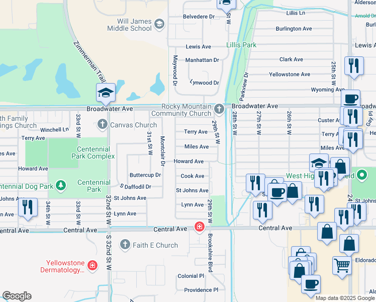 map of restaurants, bars, coffee shops, grocery stores, and more near 2927 Howard Avenue in Billings