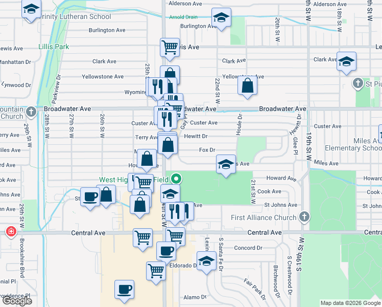 map of restaurants, bars, coffee shops, grocery stores, and more near 2323 Miles Avenue in Billings