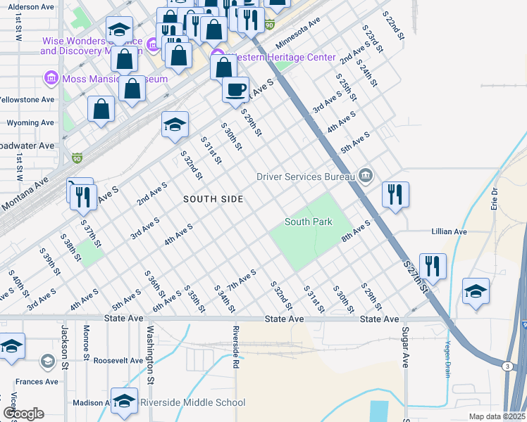 map of restaurants, bars, coffee shops, grocery stores, and more near 3015 6th Avenue South in Billings