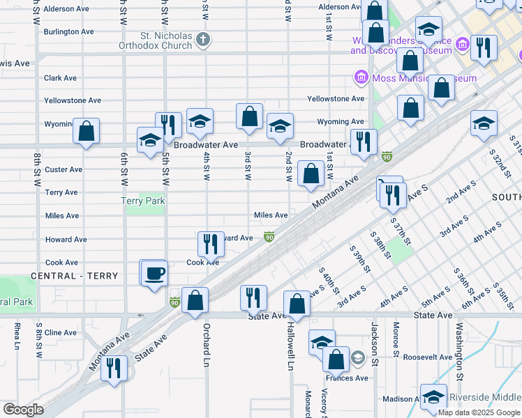 map of restaurants, bars, coffee shops, grocery stores, and more near 240 Miles Avenue in Billings